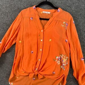 Figueroa Flower Womens L‎ Orange Floral Embroidered Tie Front Boho Peasant Top